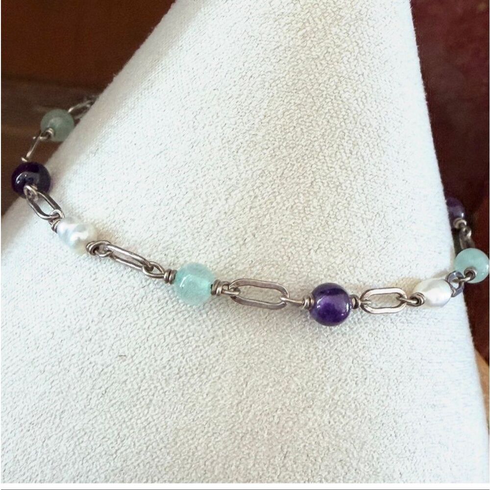 Sterling Silver Amethyst Aquamarine Freshwater Pearl Link Bracelet - Picture 4 of 9